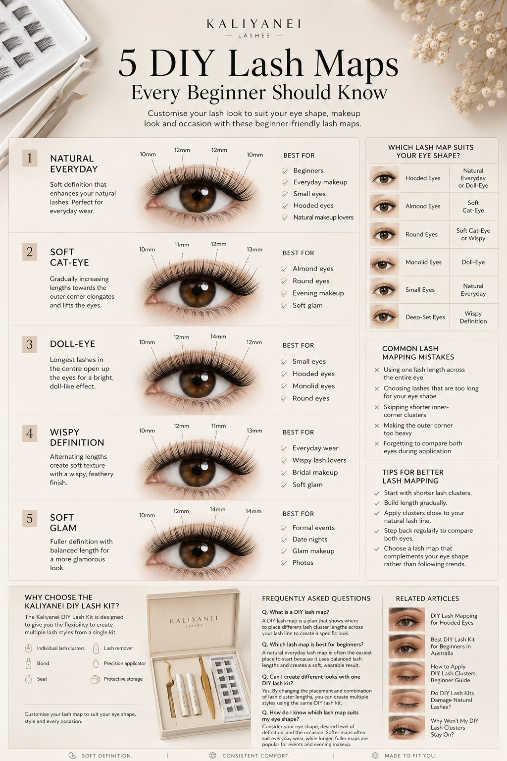 5 DIY lash maps for beginners showing Natural Everyday, Soft Cat-Eye, Doll-Eye, Wispy Definition and Soft Glam cluster lash styles with lash lengths and eye-shape recommendations.
