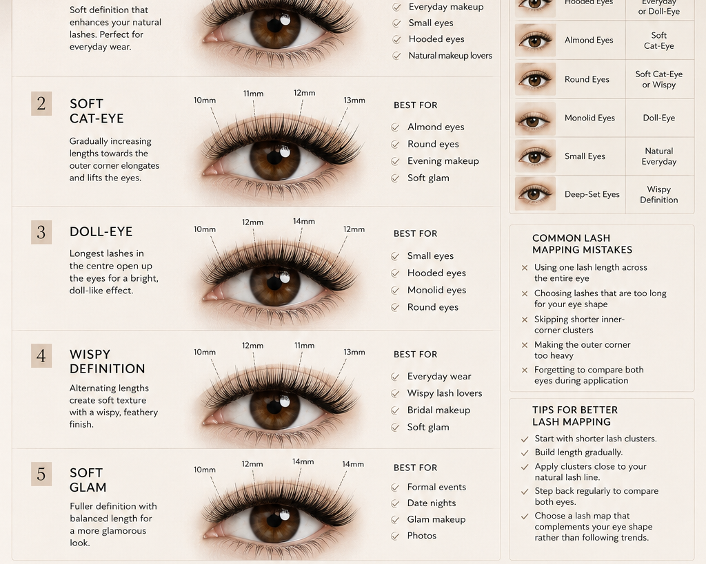 5 DIY lash maps for beginners showing Natural Everyday, Soft Cat-Eye, Doll-Eye, Wispy Definition and Soft Glam cluster lash styles with lash lengths and eye-shape recommendations.