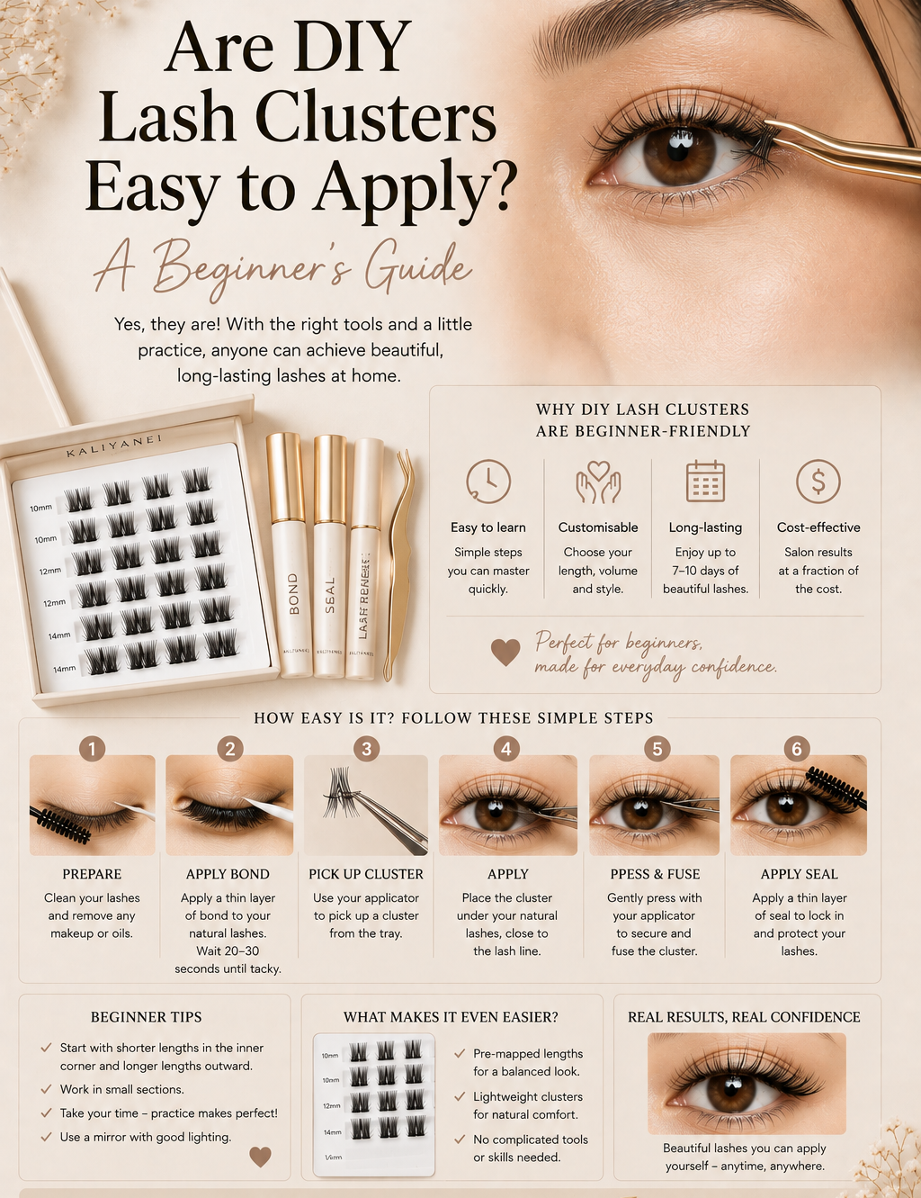 Beginner’s guide to applying DIY lash clusters showing Kaliyanei lash products, six application steps, beginner tips and a finished natural-looking lash result.