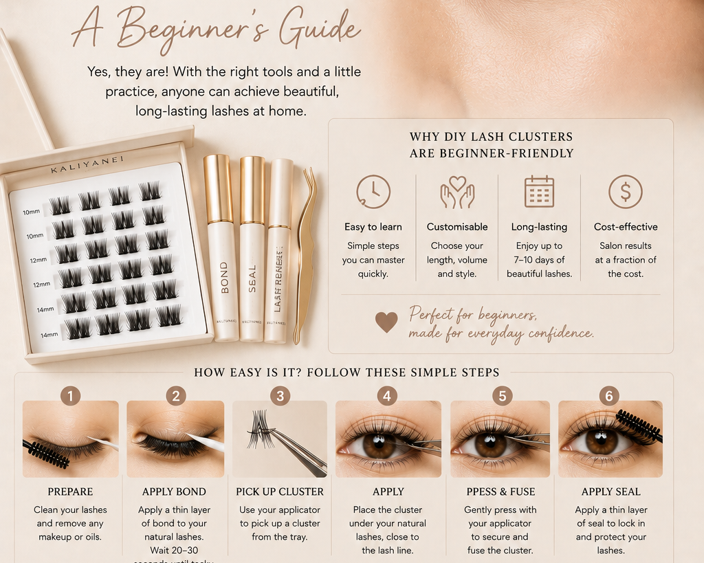 Beginner’s guide to applying DIY lash clusters showing Kaliyanei lash products, six application steps, beginner tips and a finished natural-looking lash result.