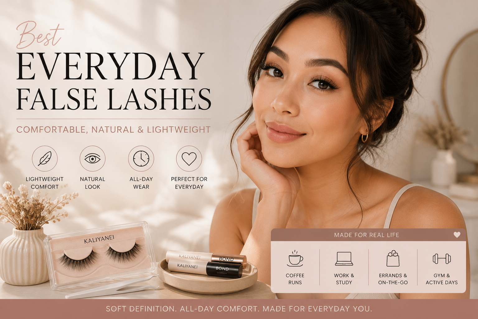 Woman wearing natural everyday false lashes with lightweight, comfortable lashes for all-day wear and everyday makeup.
