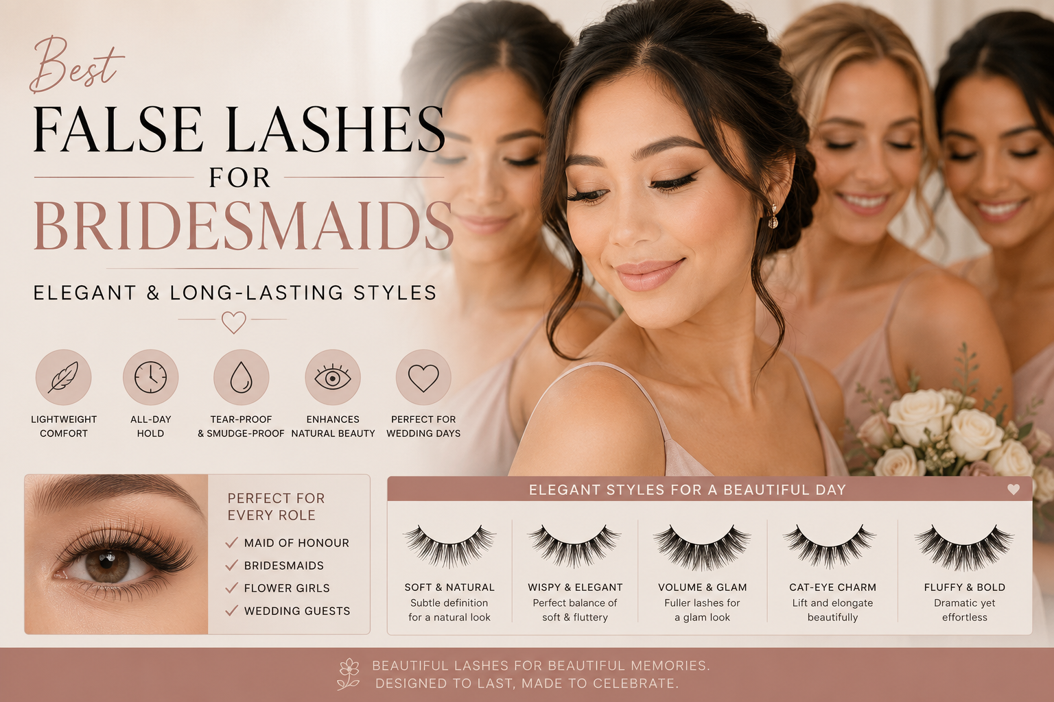 Bridesmaids wearing elegant false lashes with lightweight, long-lasting styles for weddings and special occasions.