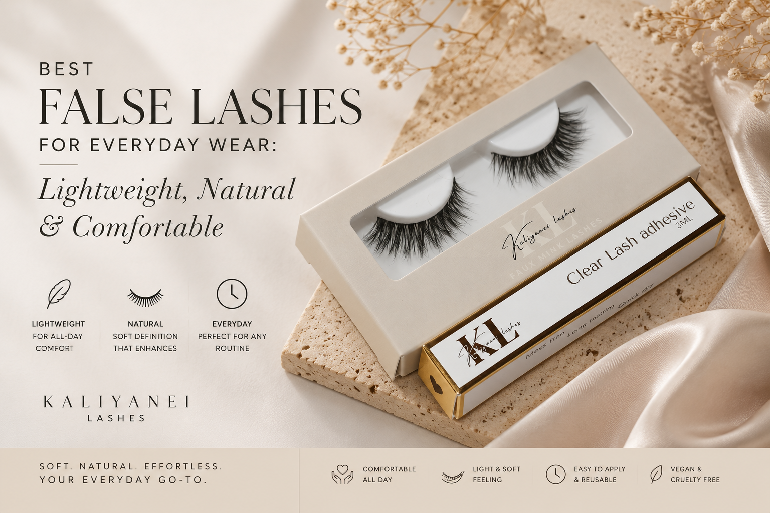 Kaliyanei lightweight false lashes with clear lash adhesive styled on a neutral beige background for an everyday wear lash guide.
