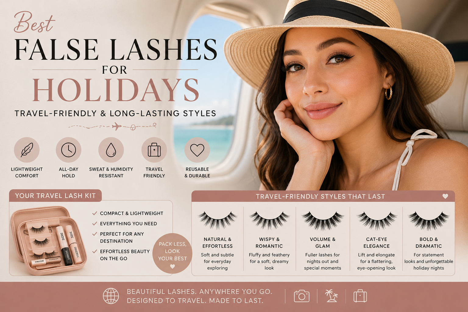 Woman wearing false lashes while travelling with lightweight, long-lasting lash styles for holidays and vacations.