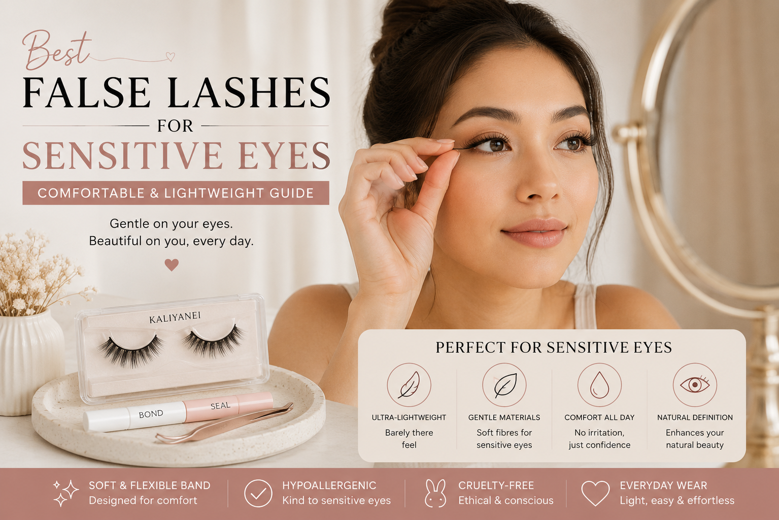 Woman applying lightweight false lashes designed for sensitive eyes with comfortable, natural-looking lashes for everyday wear.