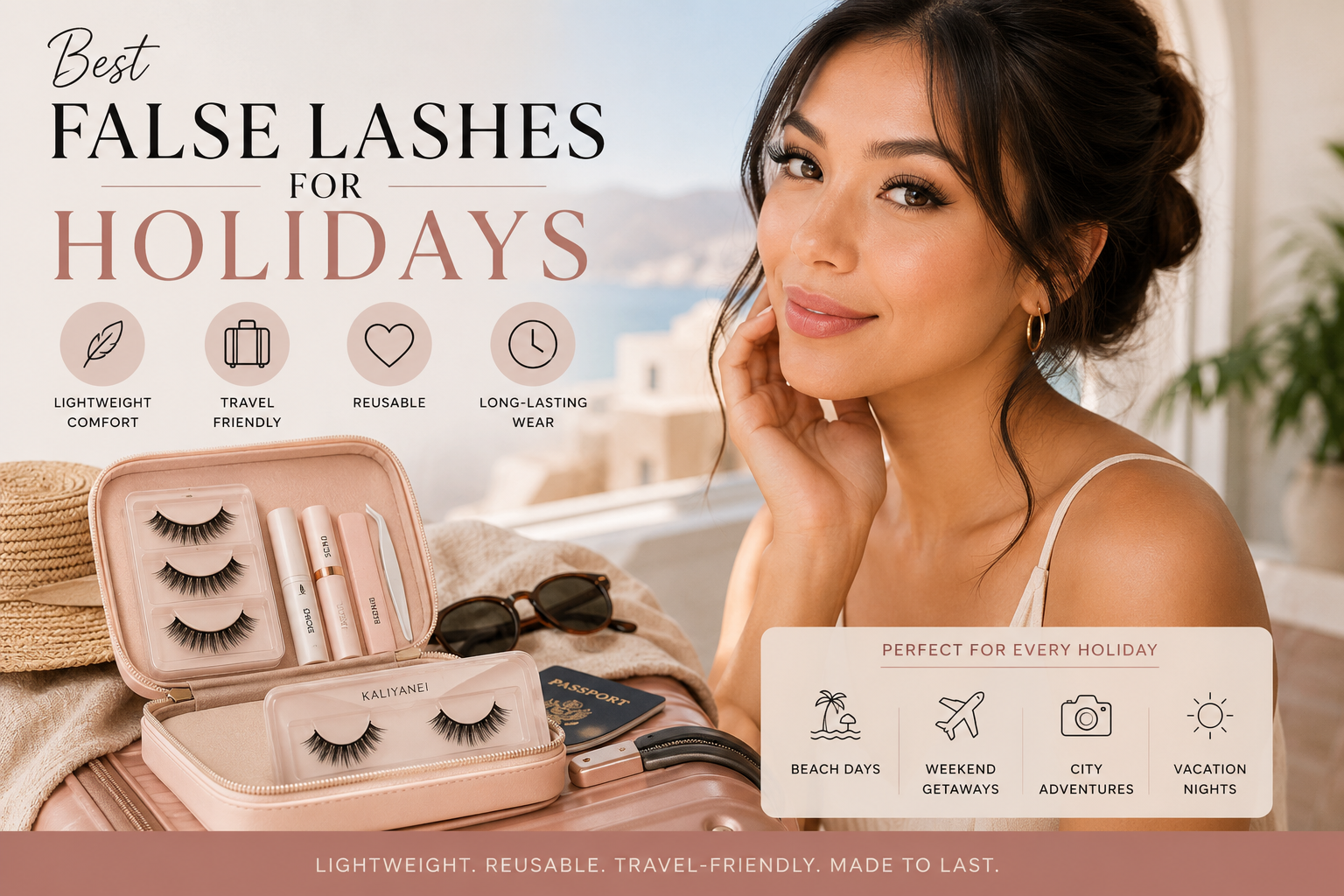 Woman wearing lightweight false lashes with a travel-ready lash kit for holidays, featuring reusable, long-lasting lashes for vacations.