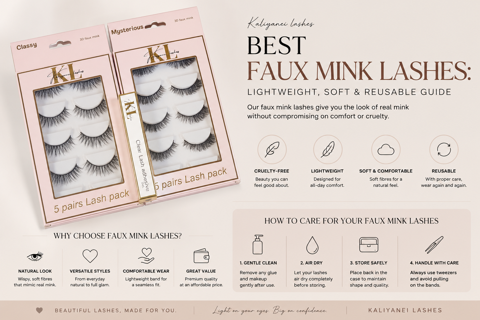 Best faux mink lashes guide featuring Kaliyanei Lashes Classy and Mysterious lash packs, highlighting lightweight, soft, reusable faux mink lashes and essential lash care tips.