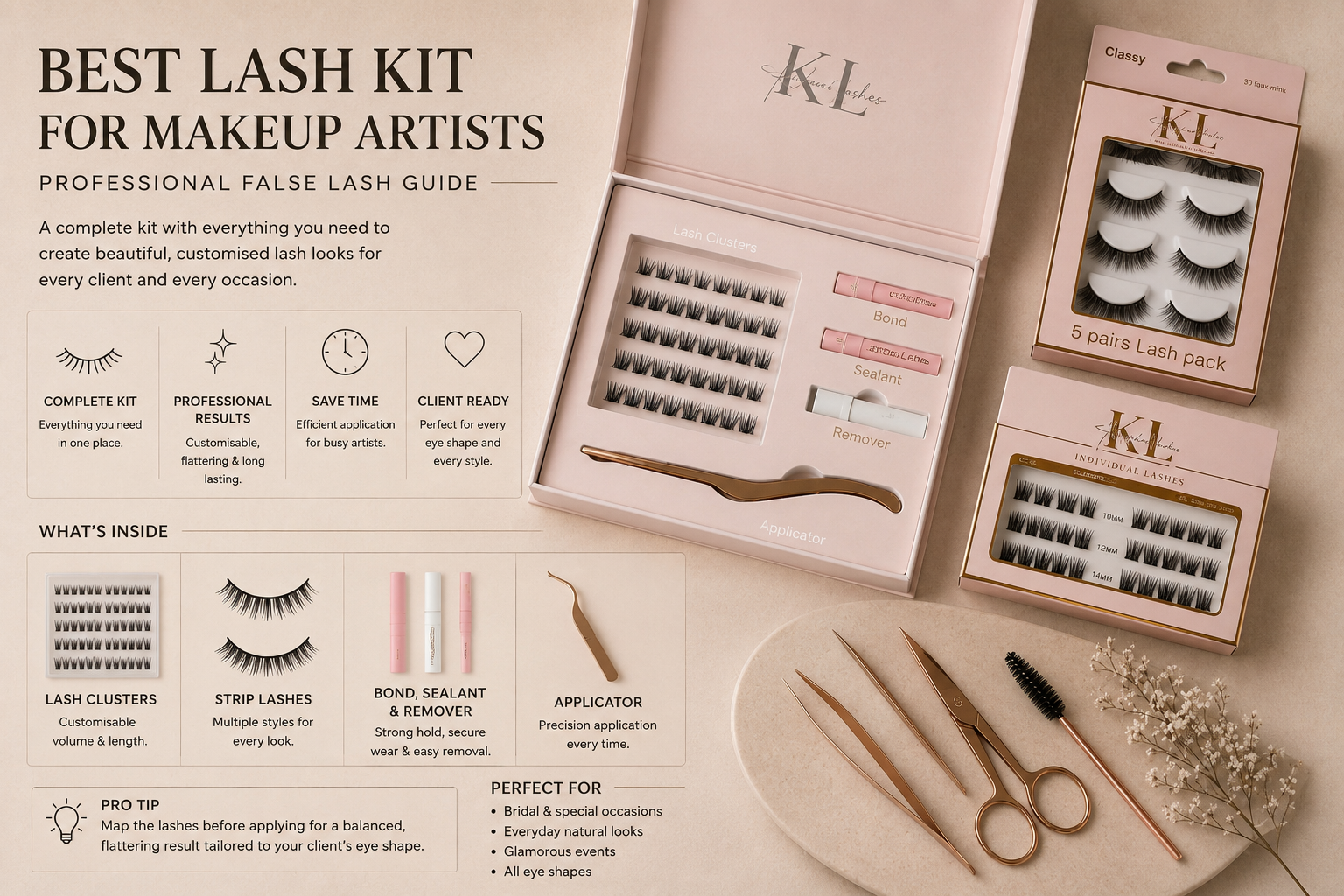 Professional false lash kit for makeup artists featuring a Kaliyanei DIY lash kit, individual lash clusters, 5-pair strip lashes and professional lash tools arranged on a neutral beige background.