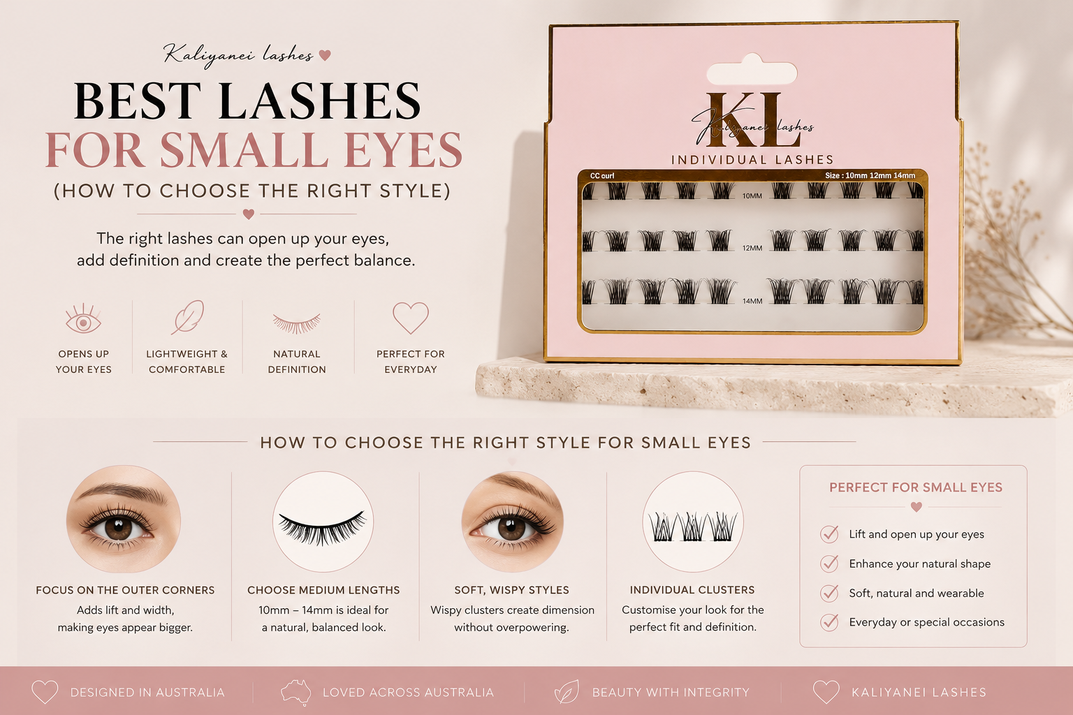 Guide to the best lashes for small eyes, showing how to choose the right false lash style with individual lash clusters, ideal lash lengths, and tips for creating a natural, eye-opening look.