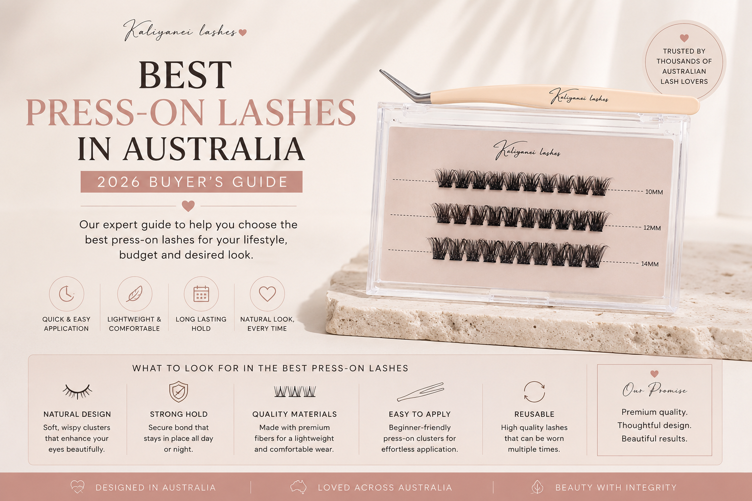 Best press-on lashes in Australia buyer's guide featuring Kaliyanei Lashes press-on lash clusters, highlighting lightweight comfort, natural-looking results, long-lasting wear, and reusable lash design.