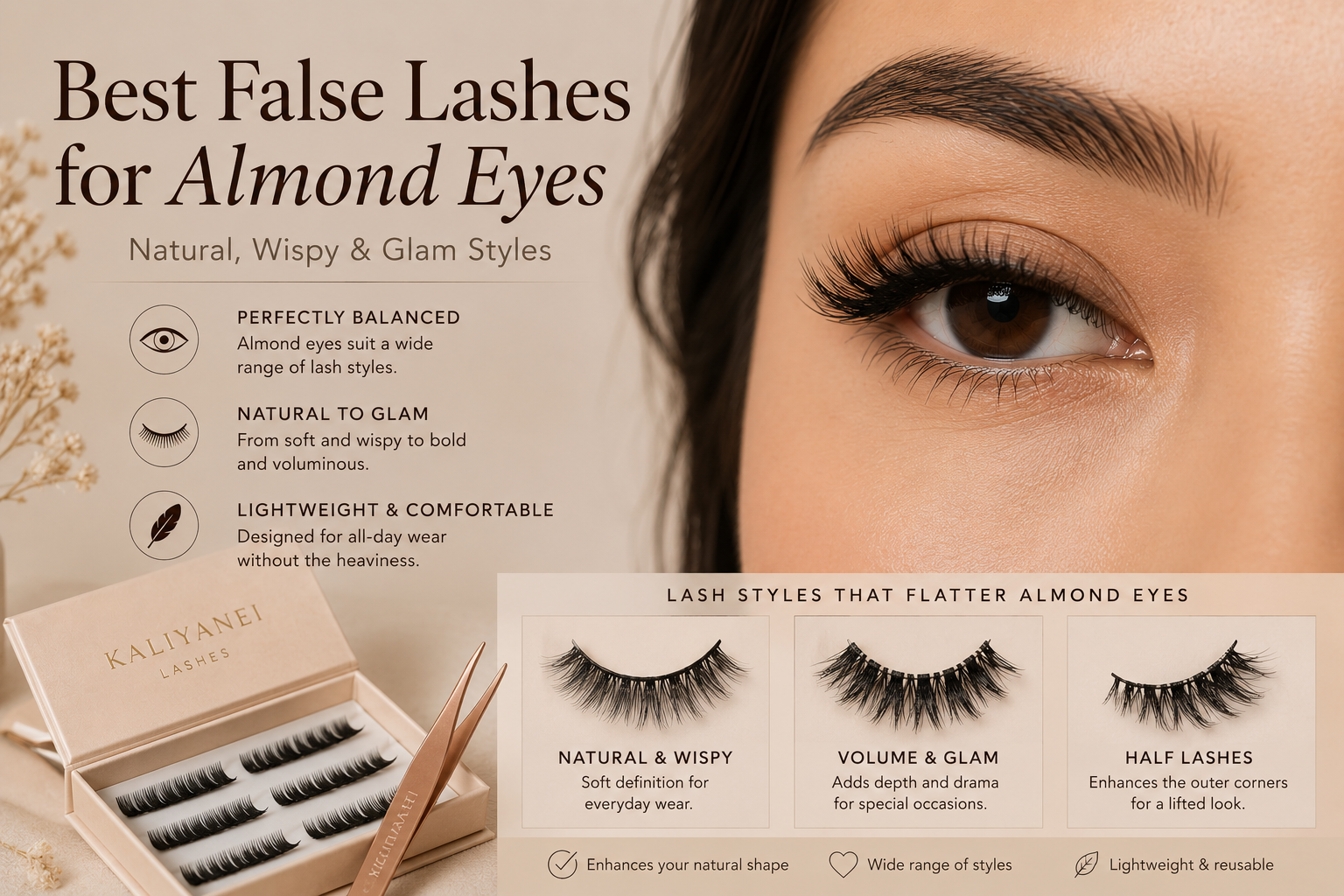 Best False Lashes for Almond Eyes: Natural, Wispy & Glam Styles | Kaliyanei Lashes