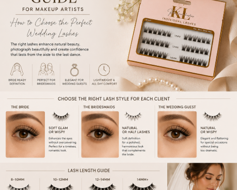 Bridal lash guide for makeup artists featuring Kaliyanei individual lash clusters, a bridal model, wedding-inspired flat lays and professional lash application tools on a soft neutral background.