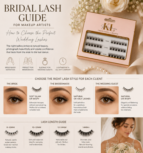 Bridal lash guide for makeup artists featuring Kaliyanei individual lash clusters, a bridal model, wedding-inspired flat lays and professional lash application tools on a soft neutral background.