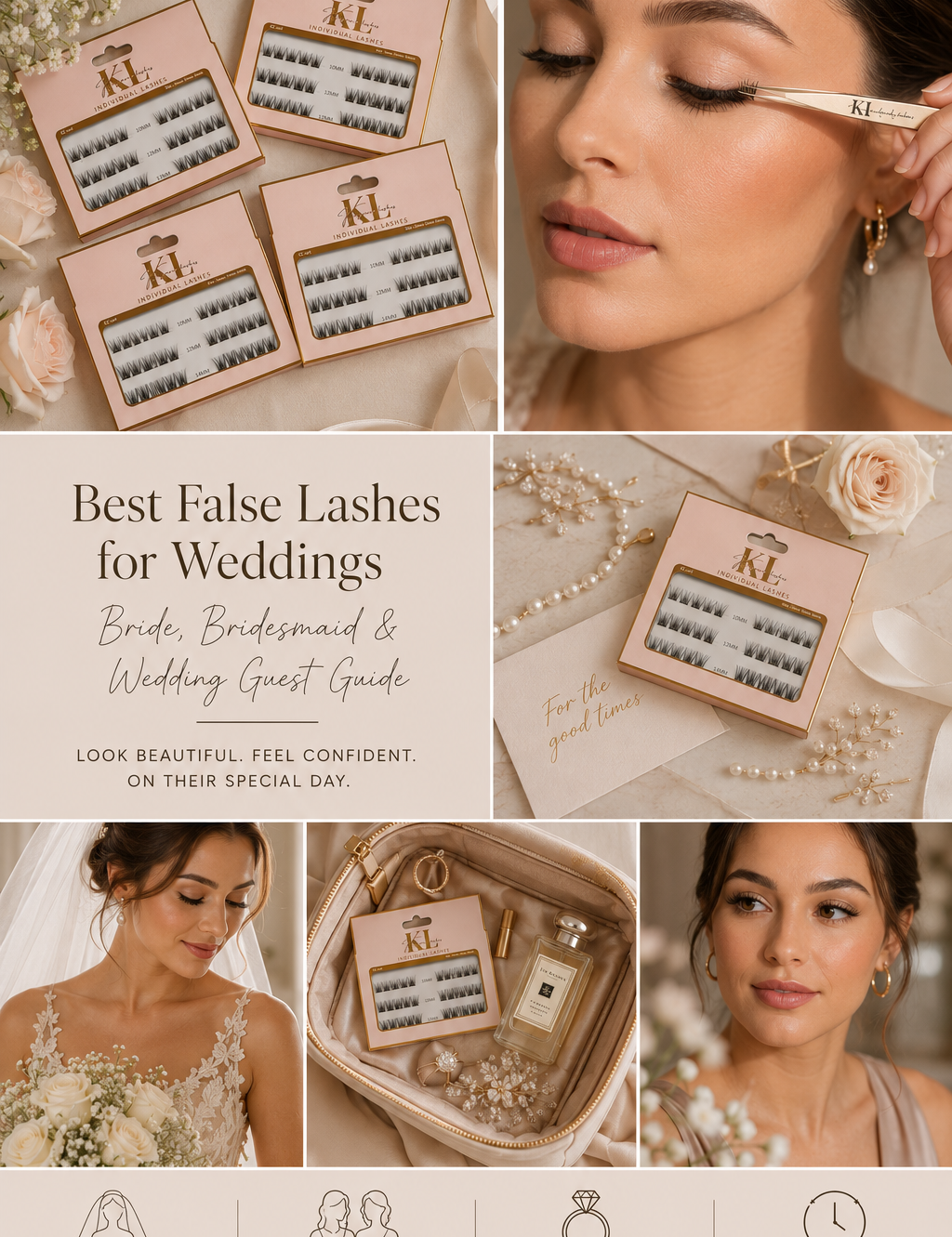 Bride wearing natural false lashes with soft bridal makeup, alongside Kaliyanei individual lash trays, close-up lash application, bridal accessories and elegant wedding styling.