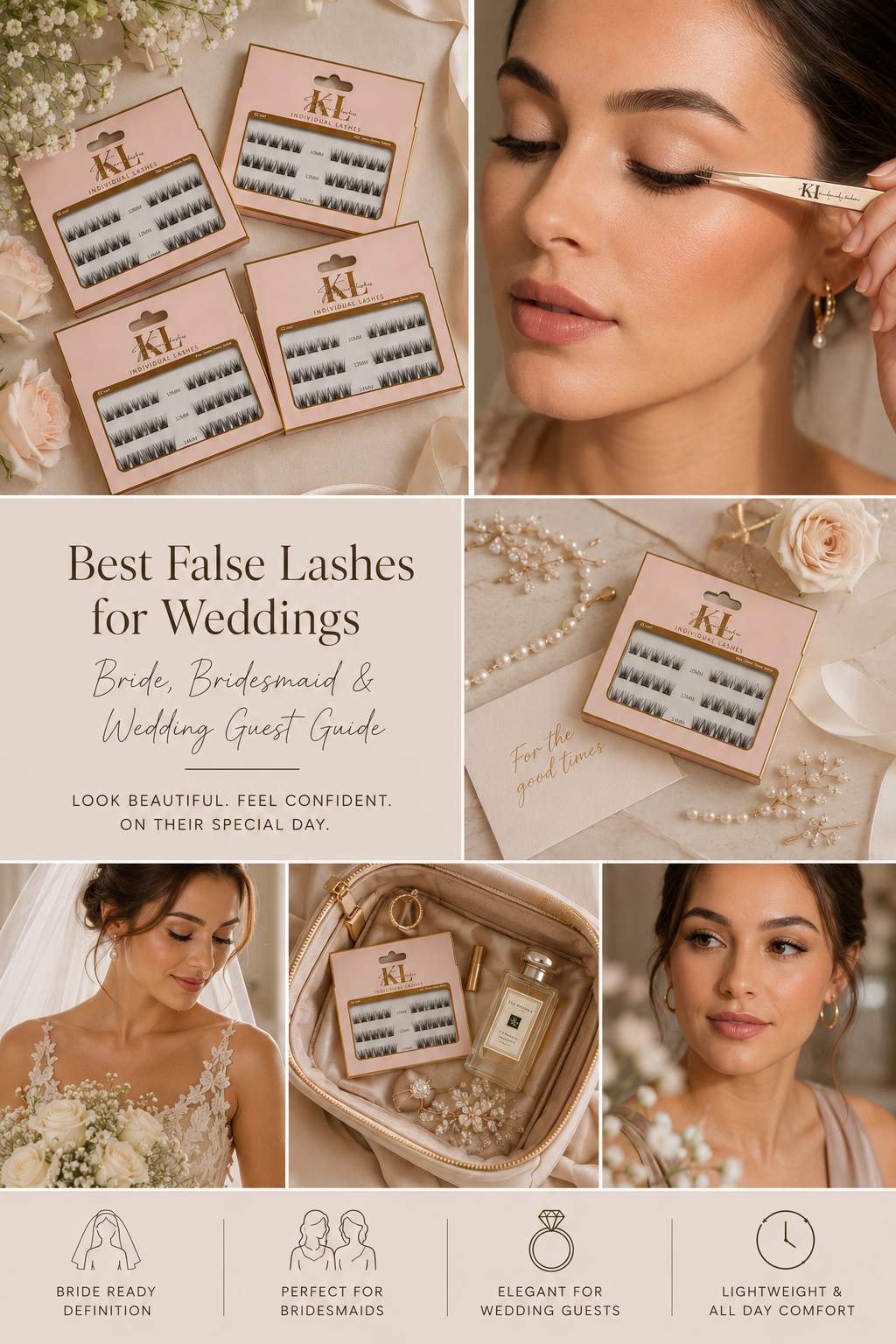 Bride wearing natural false lashes with soft bridal makeup, alongside Kaliyanei individual lash trays, close-up lash application, bridal accessories and elegant wedding styling.