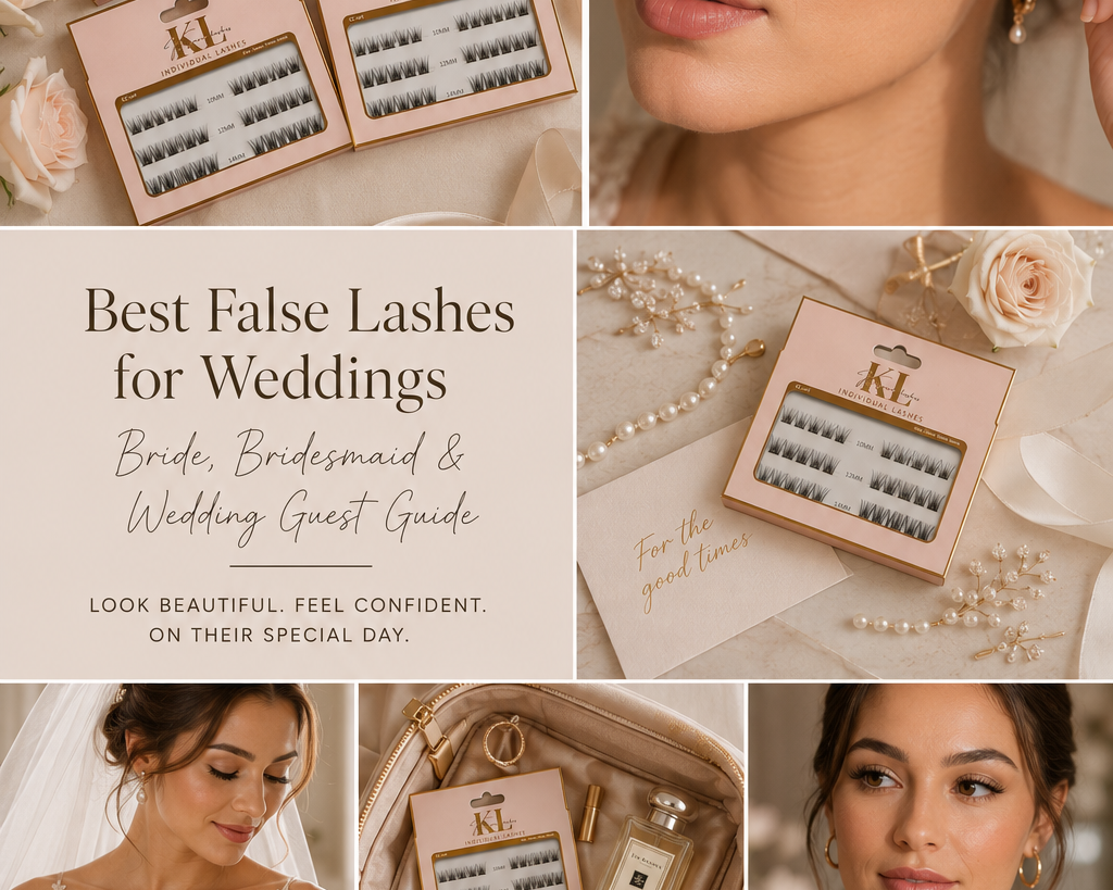 Bride wearing natural false lashes with soft bridal makeup, alongside Kaliyanei individual lash trays, close-up lash application, bridal accessories and elegant wedding styling.