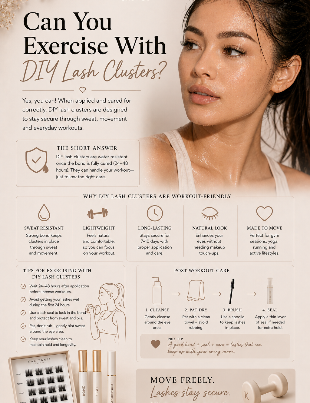 Guide to exercising with DIY lash clusters, showing workout-friendly lash care, sweat and moisture tips, post-workout aftercare and Kaliyanei DIY lash products.