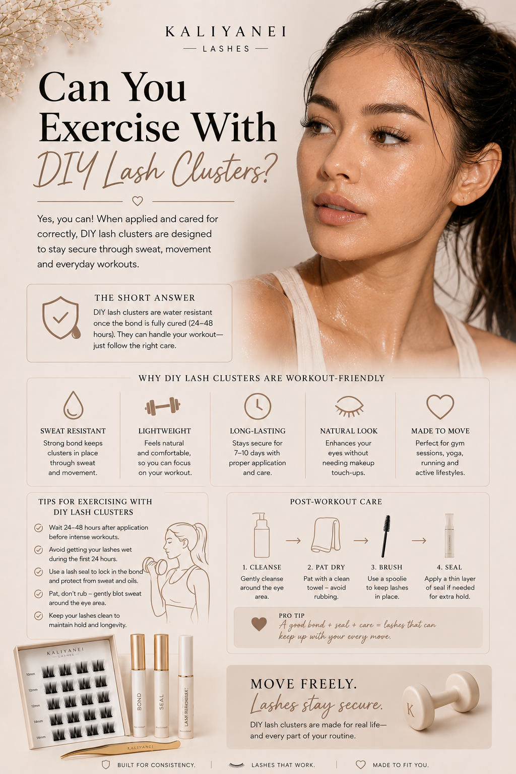 Guide to exercising with DIY lash clusters, showing workout-friendly lash care, sweat and moisture tips, post-workout aftercare and Kaliyanei DIY lash products.
