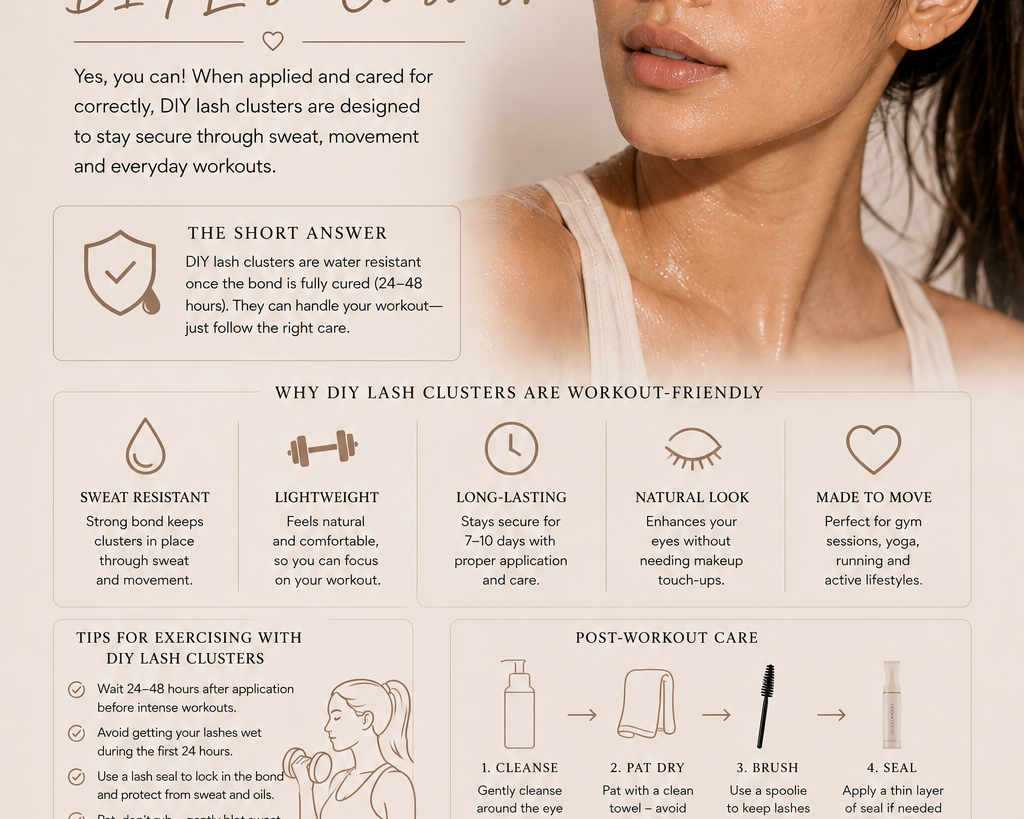 Guide to exercising with DIY lash clusters, showing workout-friendly lash care, sweat and moisture tips, post-workout aftercare and Kaliyanei DIY lash products.