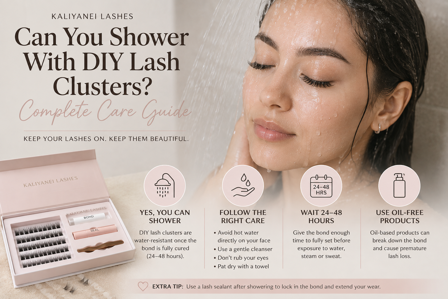 Woman wearing DIY lash clusters while showering, alongside a Kaliyanei DIY Lash Kit on a neutral background.