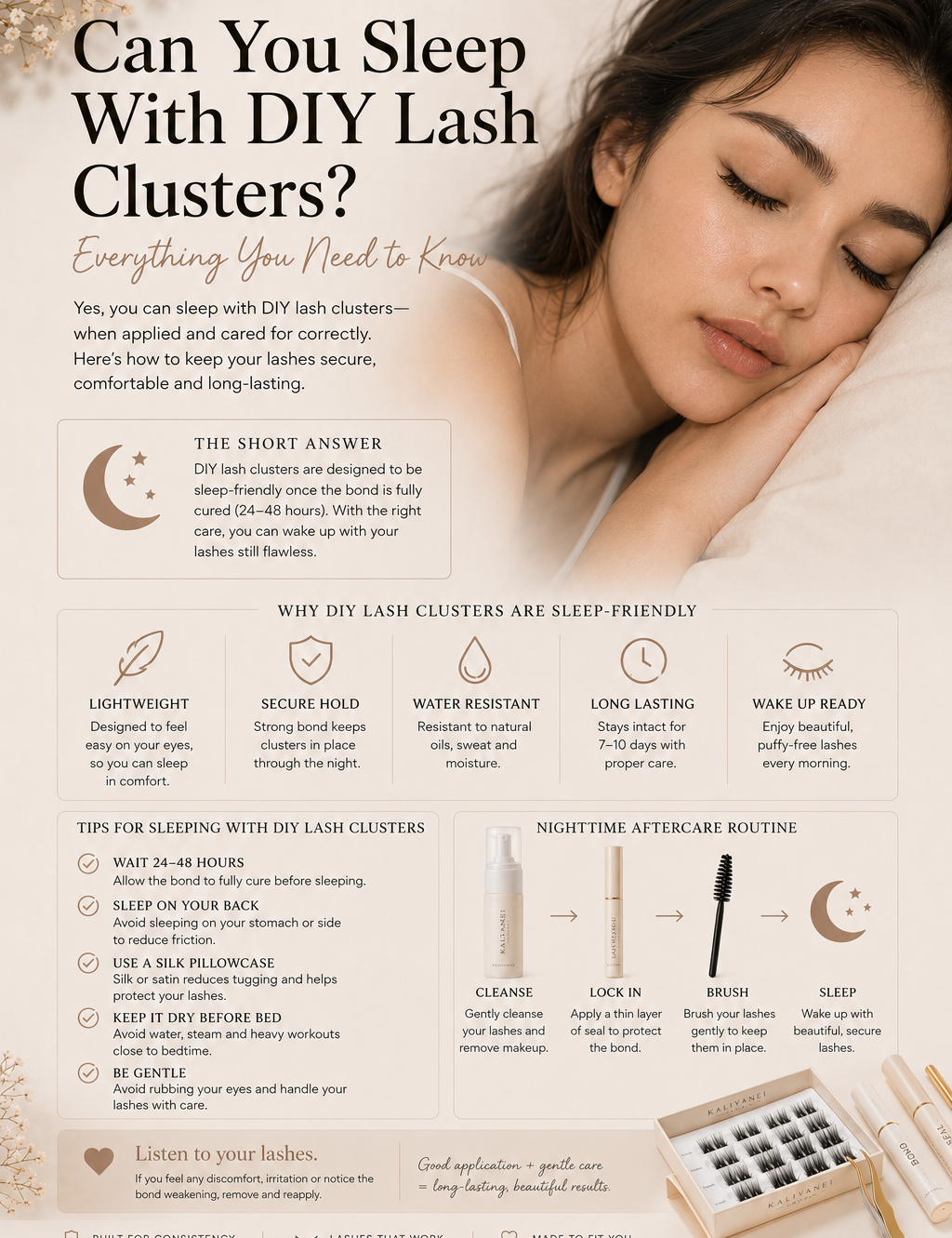 Guide to sleeping with DIY lash clusters showing a model wearing lashes, nighttime aftercare tips and ways to help lashes stay secure while sleeping.