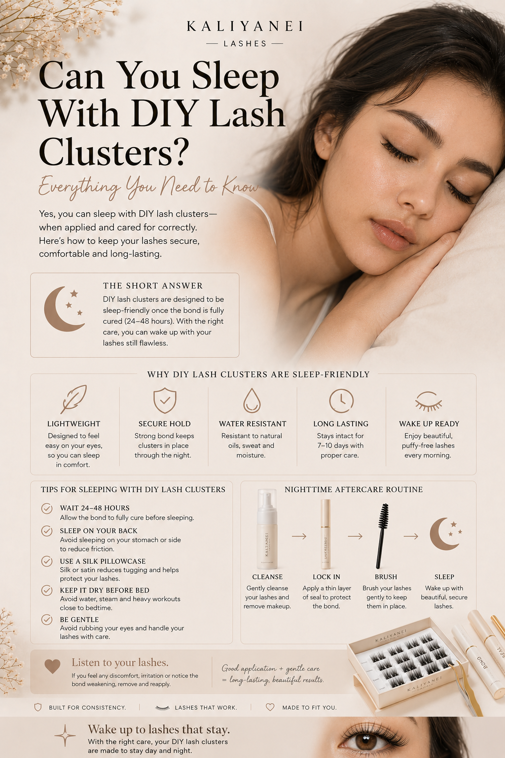 Guide to sleeping with DIY lash clusters showing a model wearing lashes, nighttime aftercare tips and ways to help lashes stay secure while sleeping.