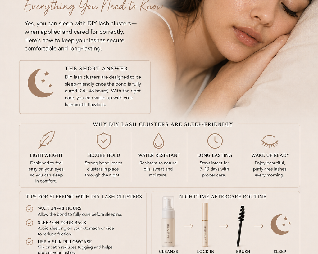Guide to sleeping with DIY lash clusters showing a model wearing lashes, nighttime aftercare tips and ways to help lashes stay secure while sleeping.