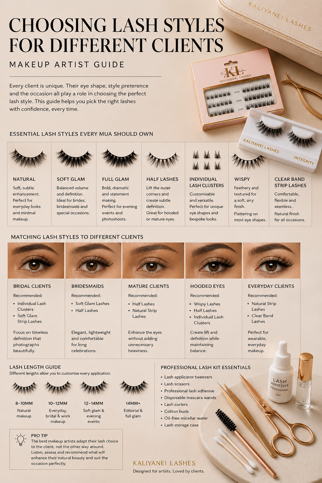 Professional makeup artist lash guide featuring Kaliyanei false lashes, individual lash clusters and lash application tools on a neutral beige background.