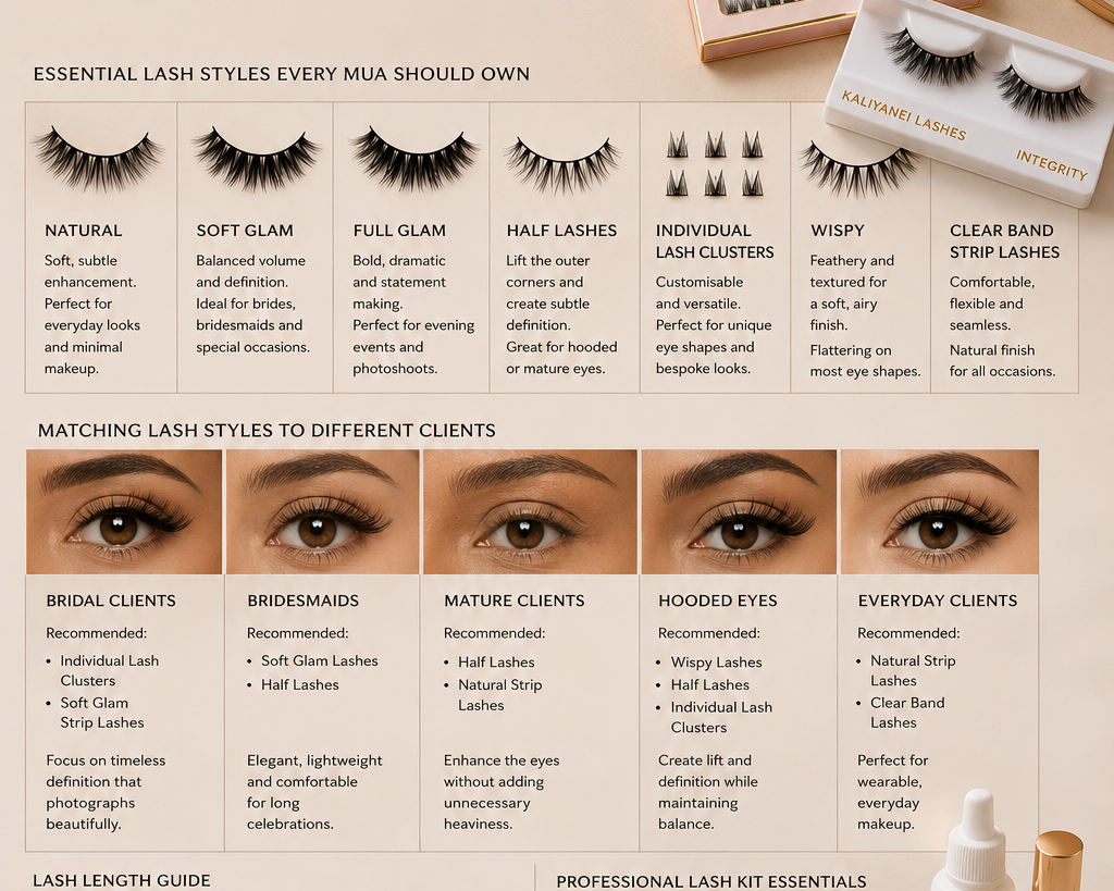Professional makeup artist lash guide featuring Kaliyanei false lashes, individual lash clusters and lash application tools on a neutral beige background.