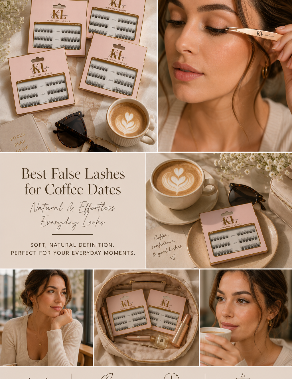 Natural false lashes for coffee dates featuring Kaliyanei individual lash trays, close-up lash application, café lifestyle scenes and soft everyday makeup.