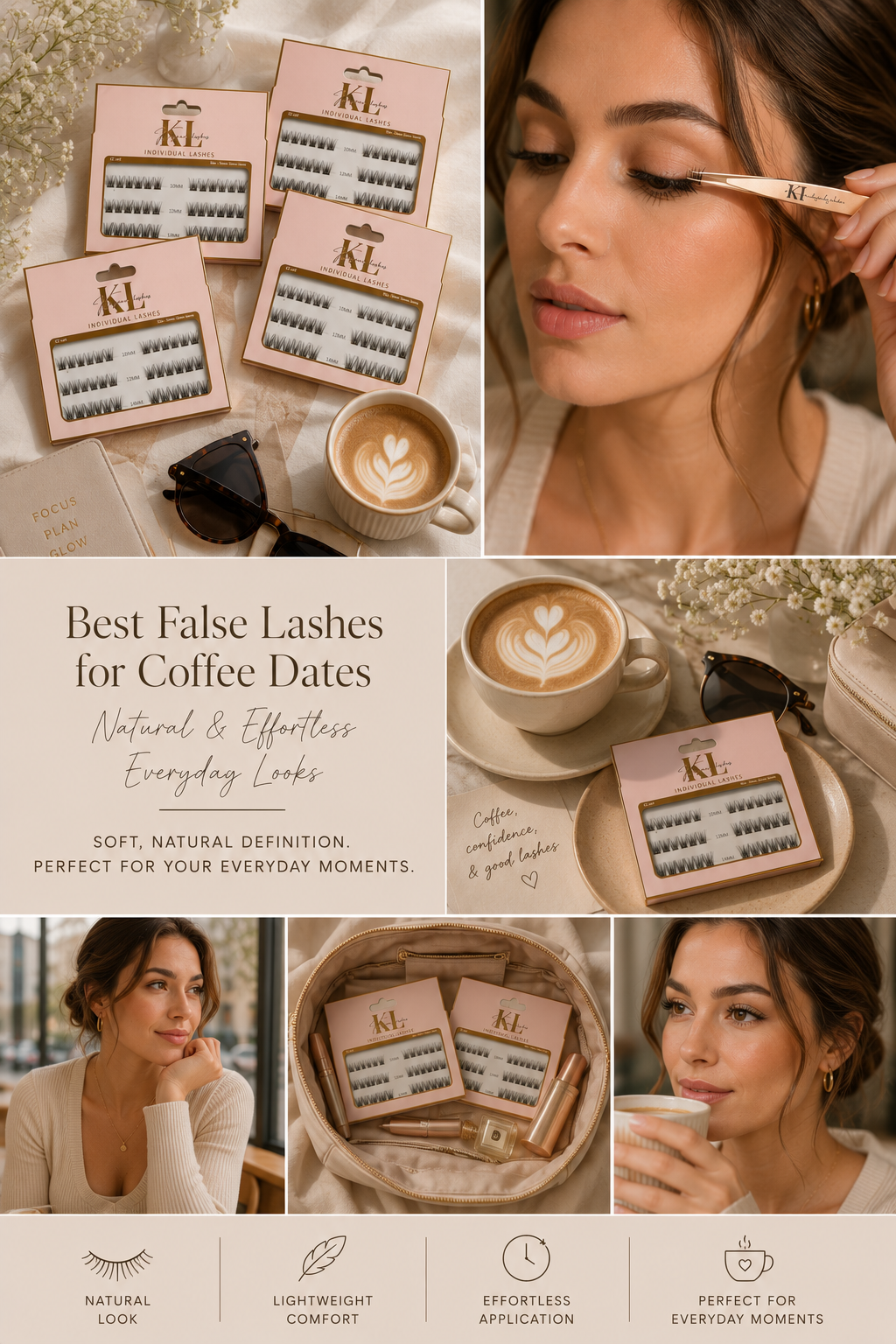 Natural false lashes for coffee dates featuring Kaliyanei individual lash trays, close-up lash application, café lifestyle scenes and soft everyday makeup.
