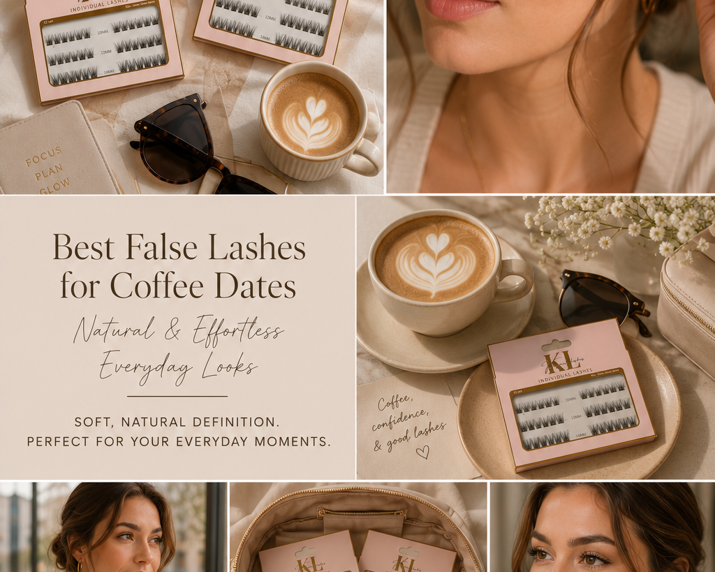 Natural false lashes for coffee dates featuring Kaliyanei individual lash trays, close-up lash application, café lifestyle scenes and soft everyday makeup.