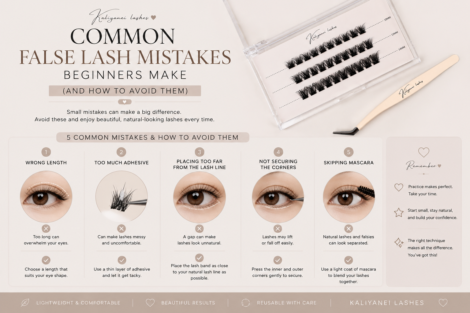 Infographic showing common false lash mistakes beginners make and how to avoid them, including choosing the right lash length, applying adhesive correctly, and placing lashes for a natural finish.