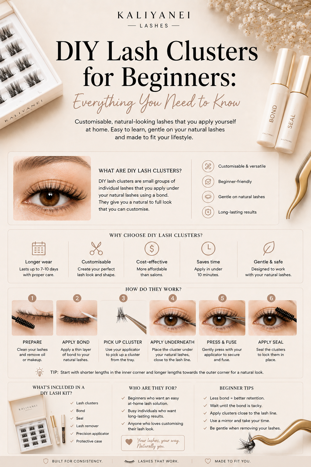 Beginner’s guide to DIY lash clusters showing Kaliyanei lash kit essentials, application steps, benefits and tips for natural-looking, longer-wear lashes.