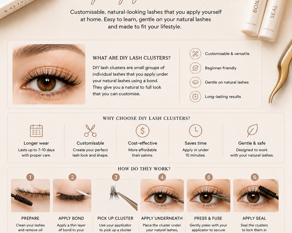 Beginner’s guide to DIY lash clusters showing Kaliyanei lash kit essentials, application steps, benefits and tips for natural-looking, longer-wear lashes.