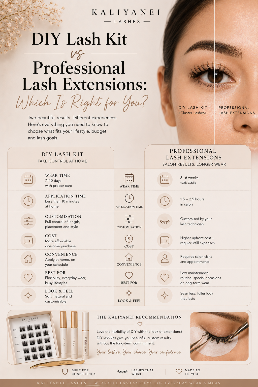 Kaliyanei DIY Lash Kit vs professional lash extensions comparison showing differences in wear time, application, cost, customisation, convenience and lash results.