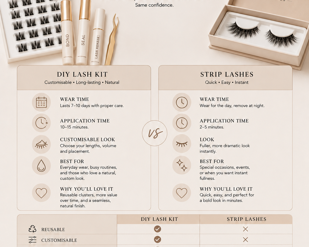 Comparison of Kaliyanei DIY Lash Kit vs strip lashes, showing differences in wear time, application, customisation and results to help choose the right lash type.