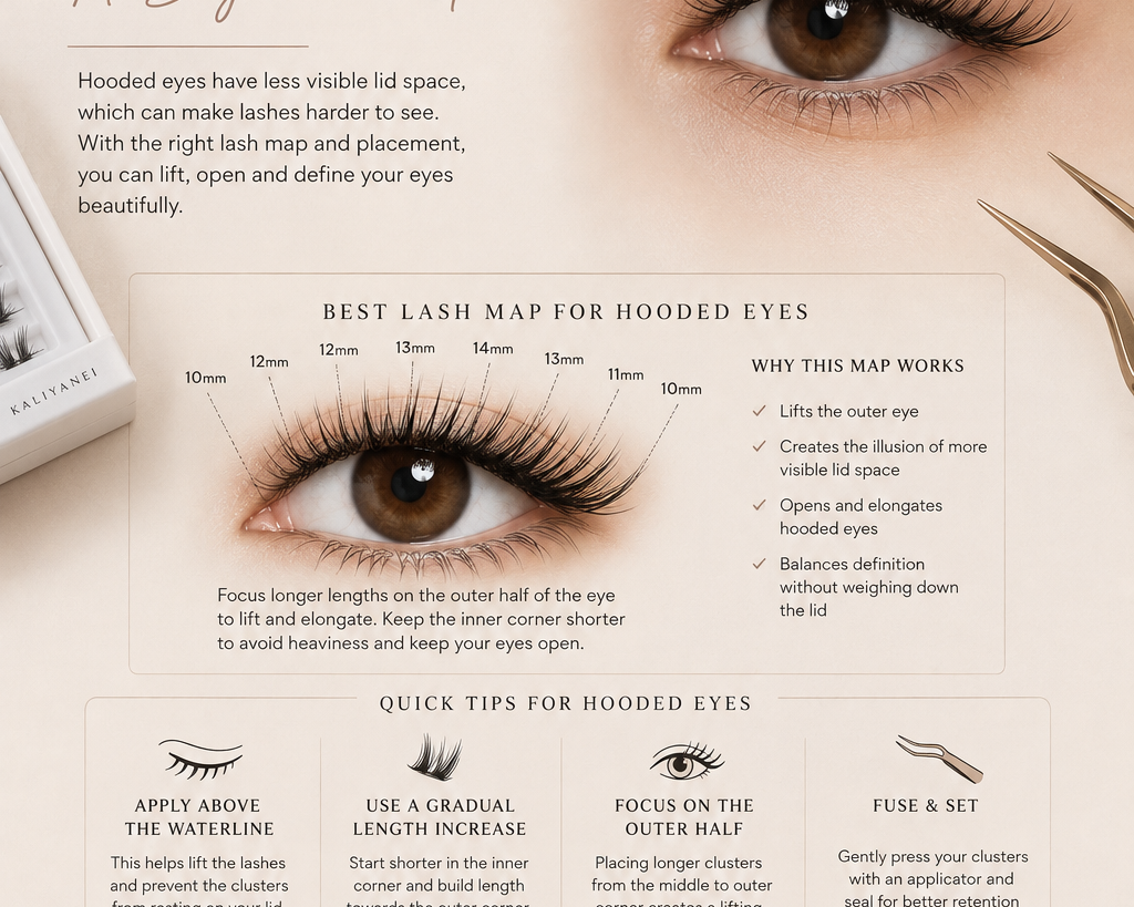 DIY lash mapping for hooded eyes showing a beginner-friendly cluster lash map with 10–14 mm lengths, placement tips and Kaliyanei DIY Lash Kit.