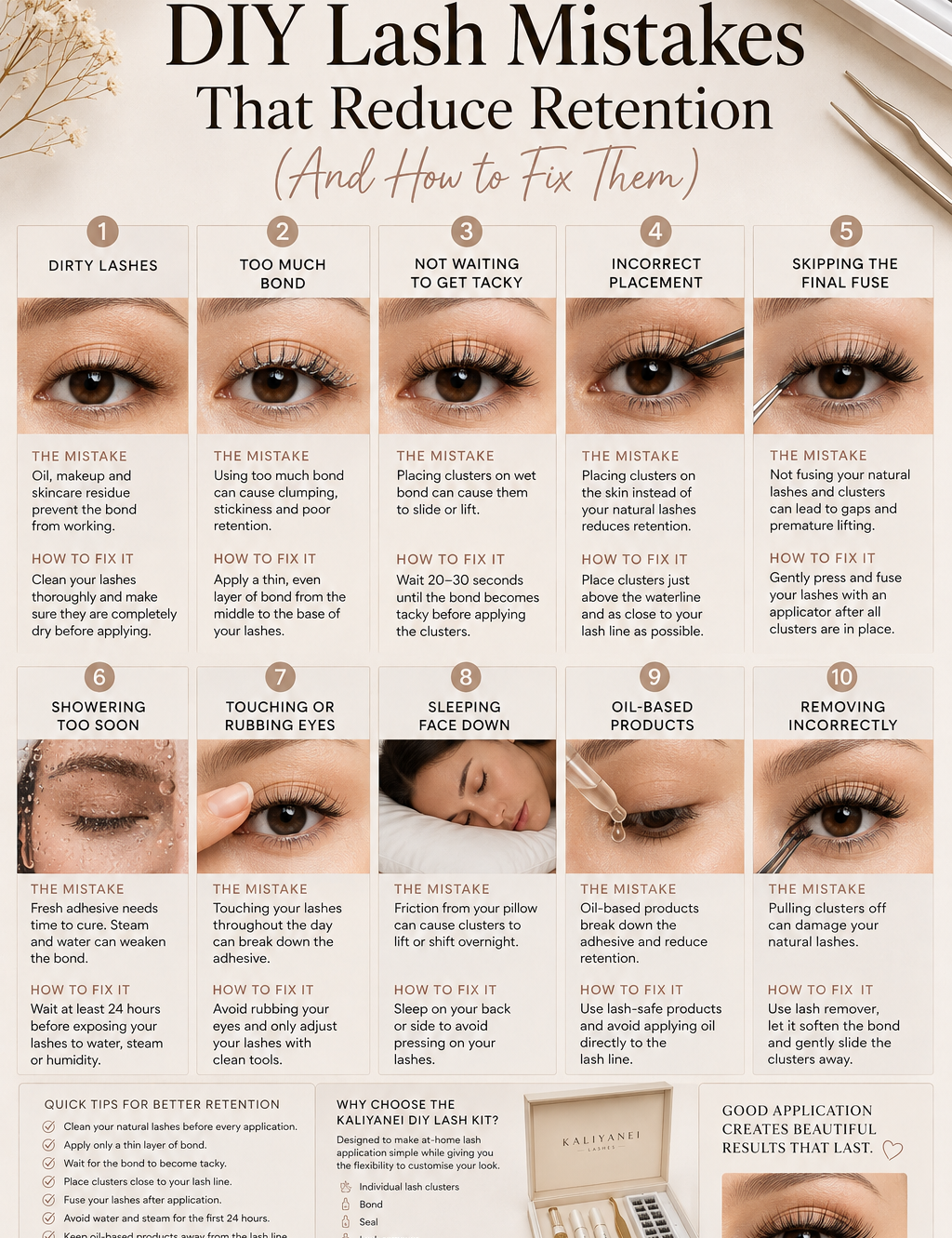 DIY lash mistakes that reduce retention, showing 10 common application and aftercare mistakes with tips to help DIY lash clusters last longer.