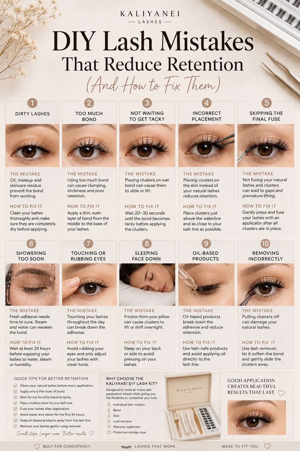 DIY lash mistakes that reduce retention, showing 10 common application and aftercare mistakes with tips to help DIY lash clusters last longer.
