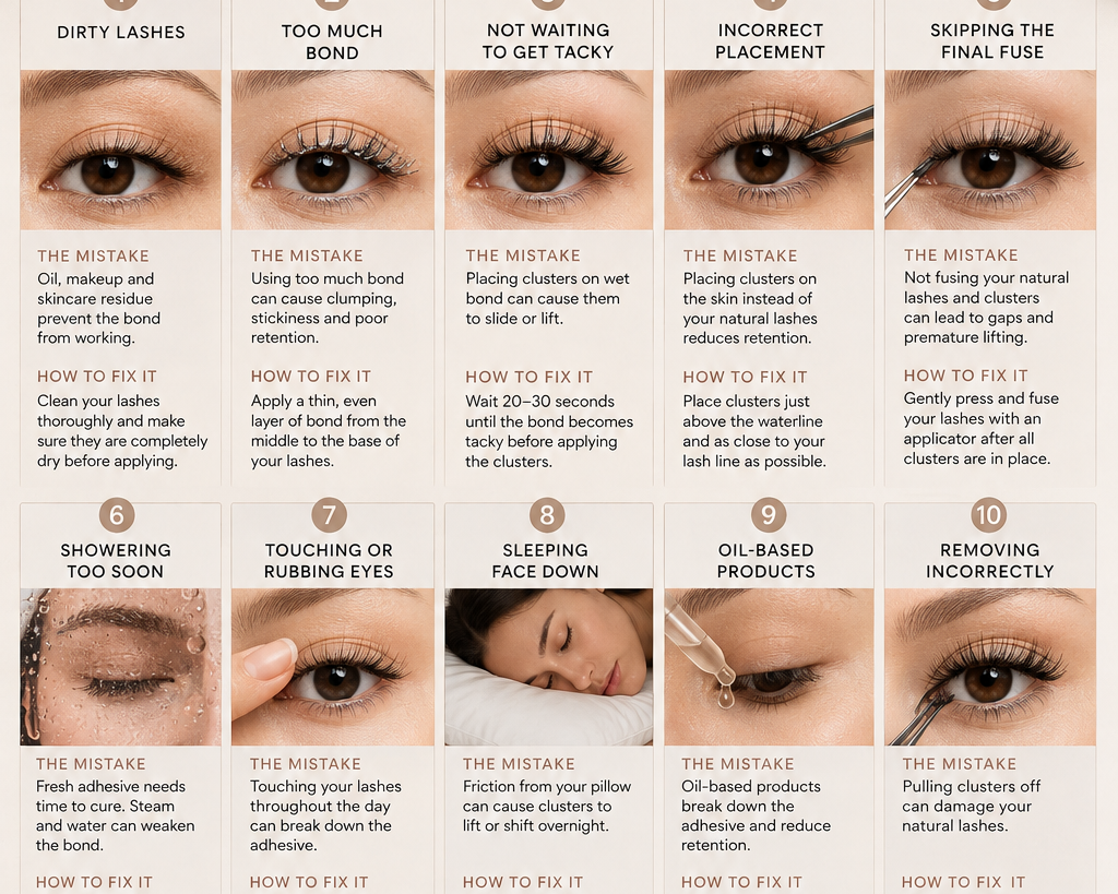DIY lash mistakes that reduce retention, showing 10 common application and aftercare mistakes with tips to help DIY lash clusters last longer.