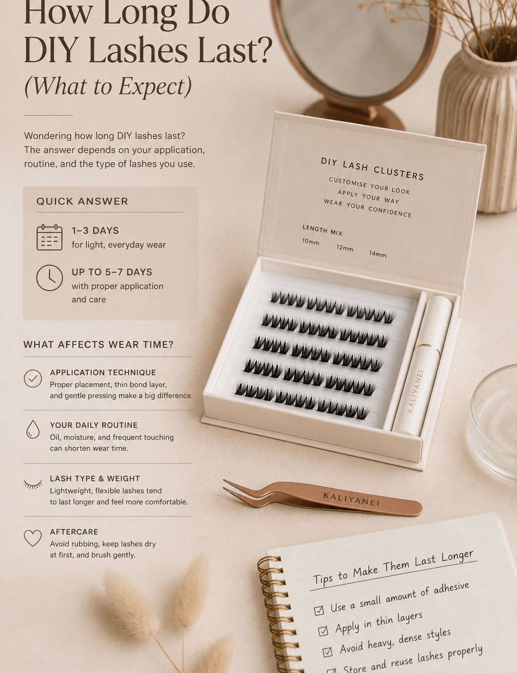 Flat lay infographic explaining how long DIY lash clusters last, featuring a Kaliyanei DIY Lash Kit with reusable lash clusters, bond and seal adhesive, tweezers and aftercare tips.