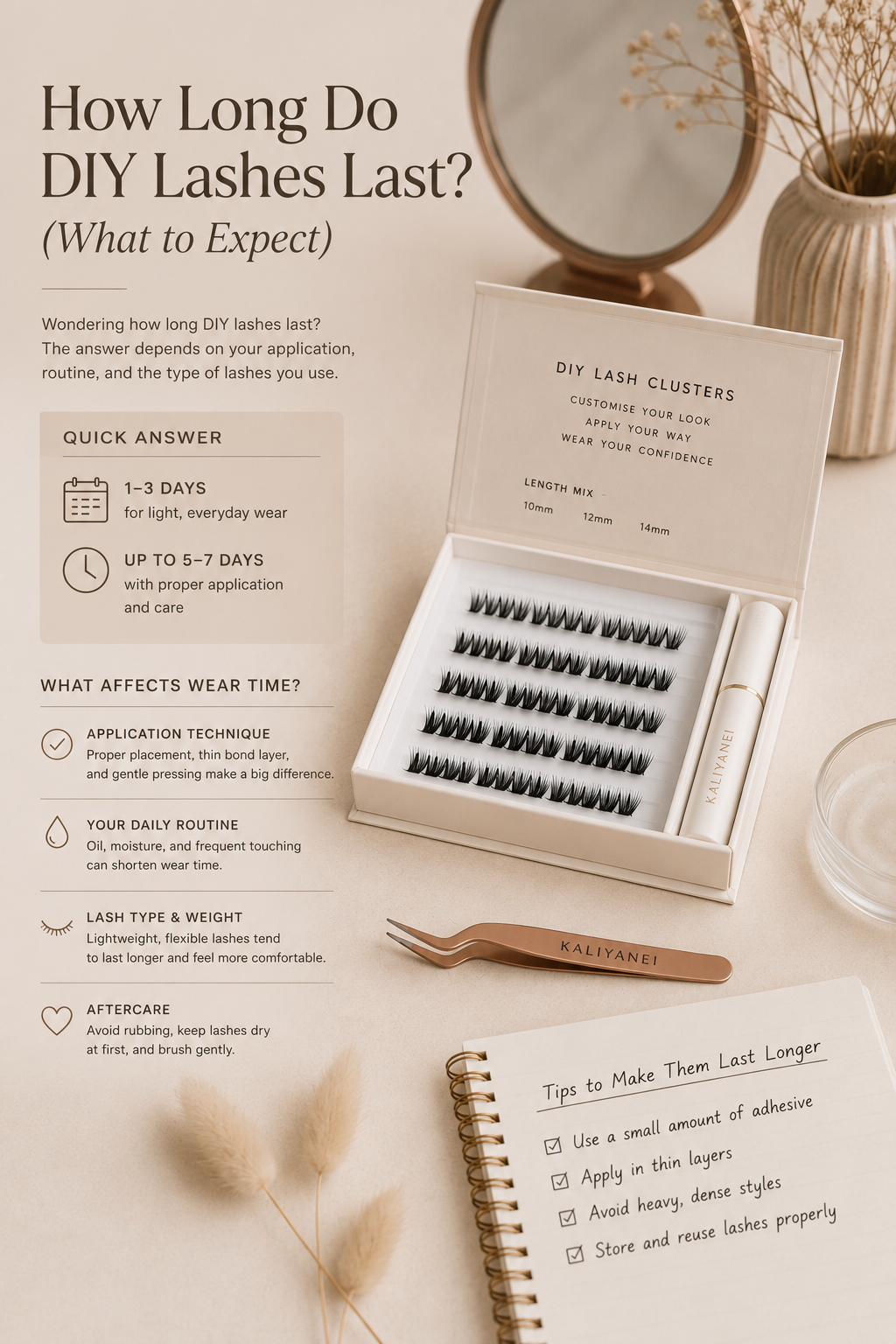 Flat lay infographic explaining how long DIY lash clusters last, featuring a Kaliyanei DIY Lash Kit with reusable lash clusters, bond and seal adhesive, tweezers and aftercare tips.