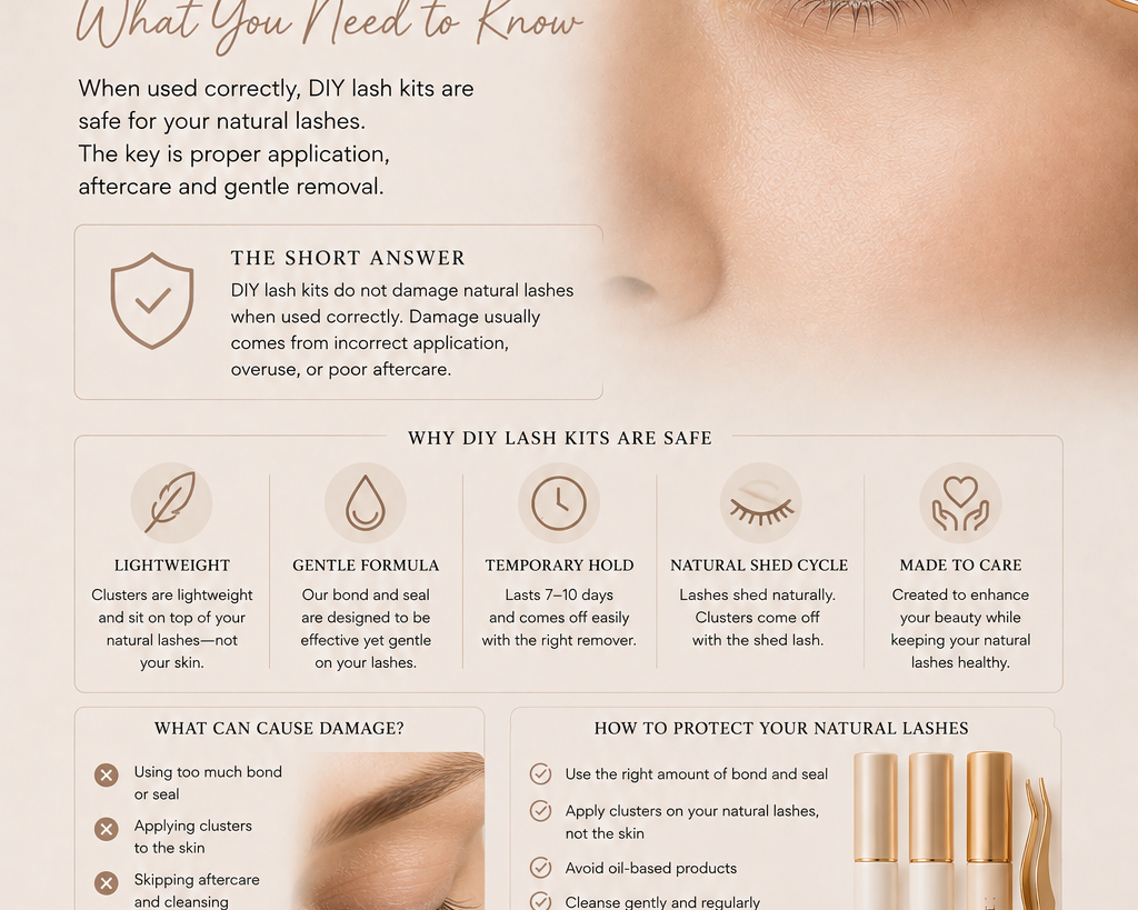 Guide explaining whether DIY lash kits damage natural lashes, with Kaliyanei application, aftercare and removal tips for protecting natural lashes.