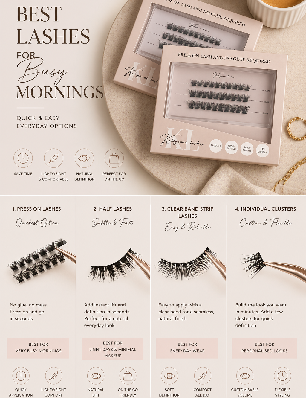 Kaliyanei press-on lashes featured in a guide to the best lashes for busy mornings, offering quick and easy everyday lash options.