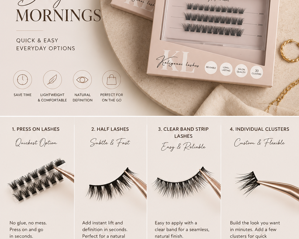 Kaliyanei press-on lashes featured in a guide to the best lashes for busy mornings, offering quick and easy everyday lash options.