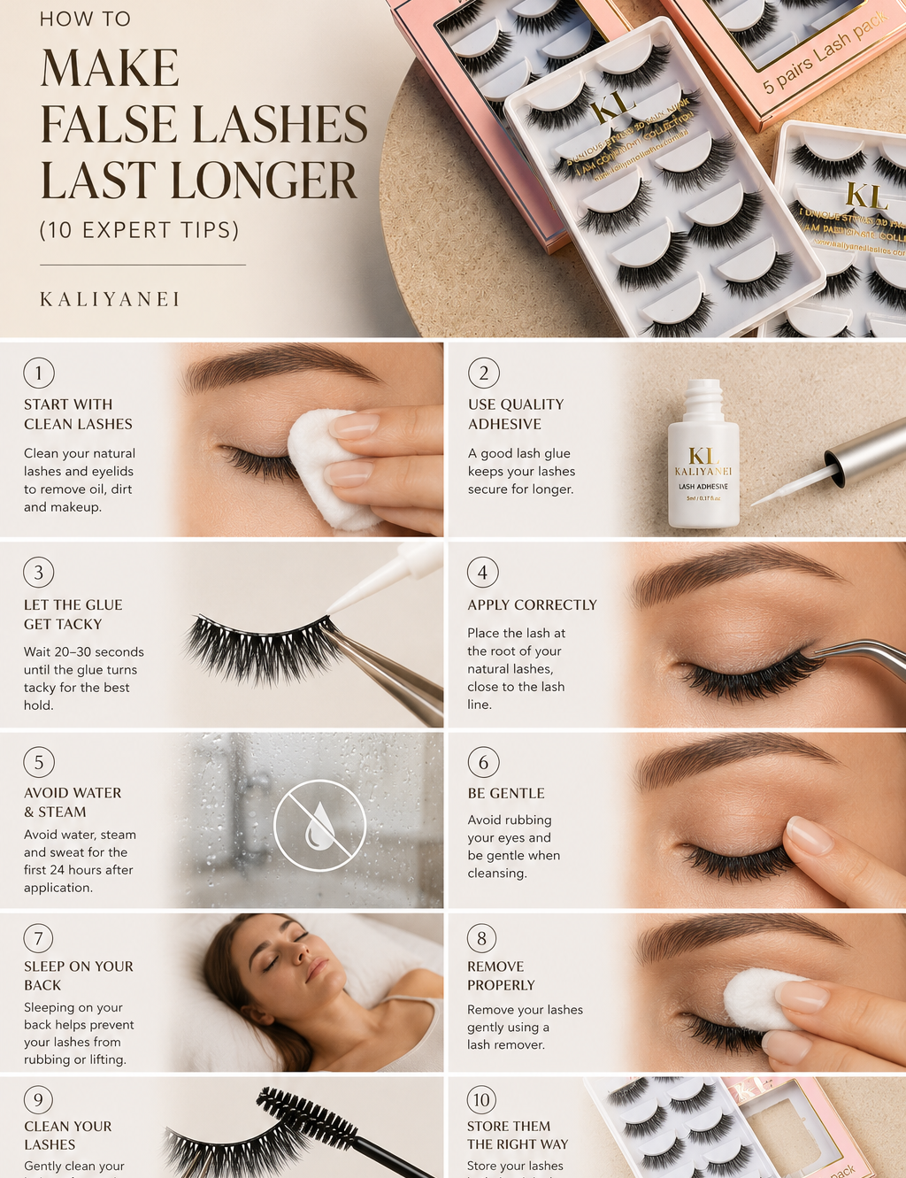 Step-by-step guide showing how to make false lashes last longer with expert tips using Kaliyanei reusable strip lashes.