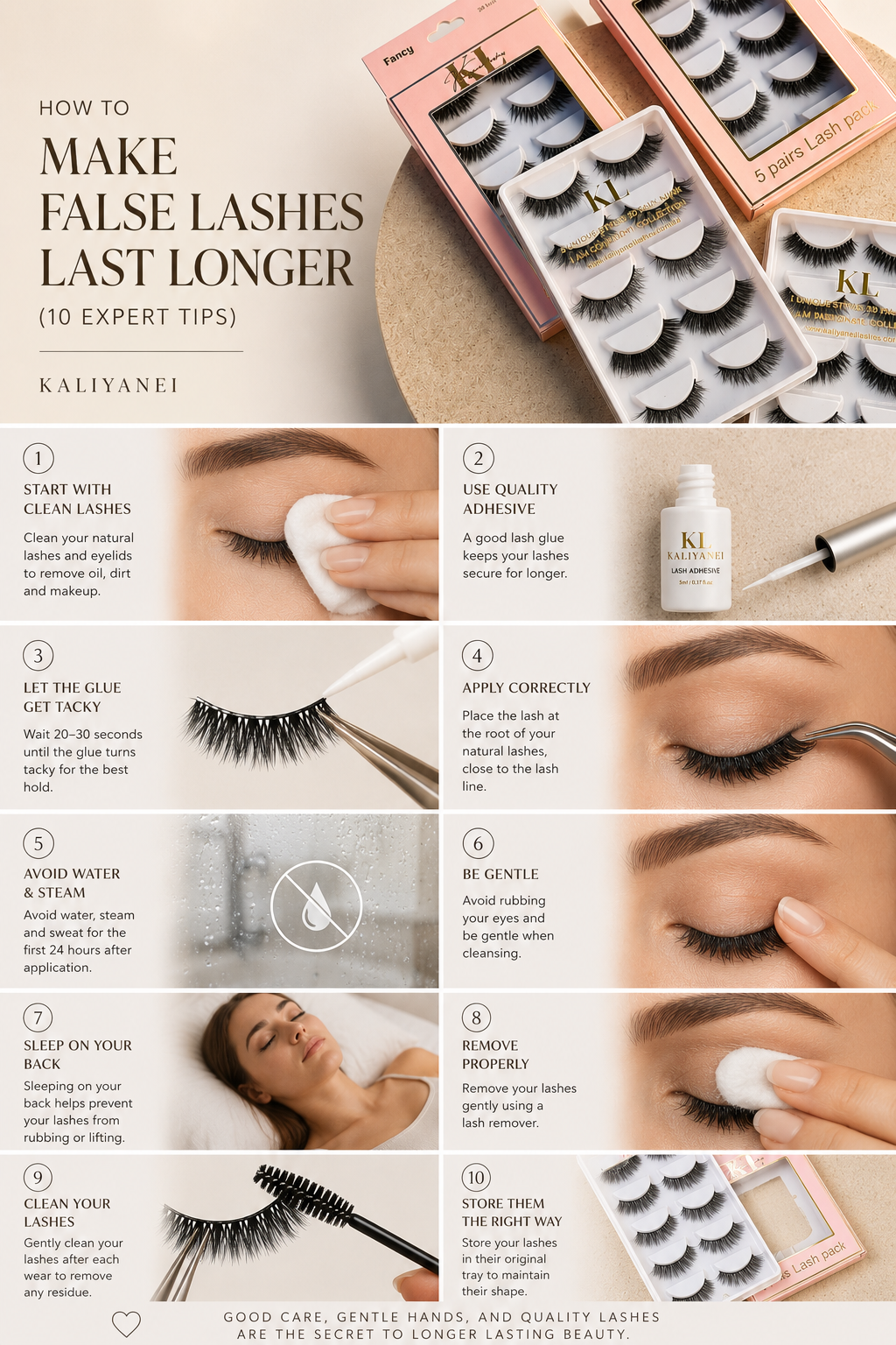 Step-by-step guide showing how to make false lashes last longer with expert tips using Kaliyanei reusable strip lashes.