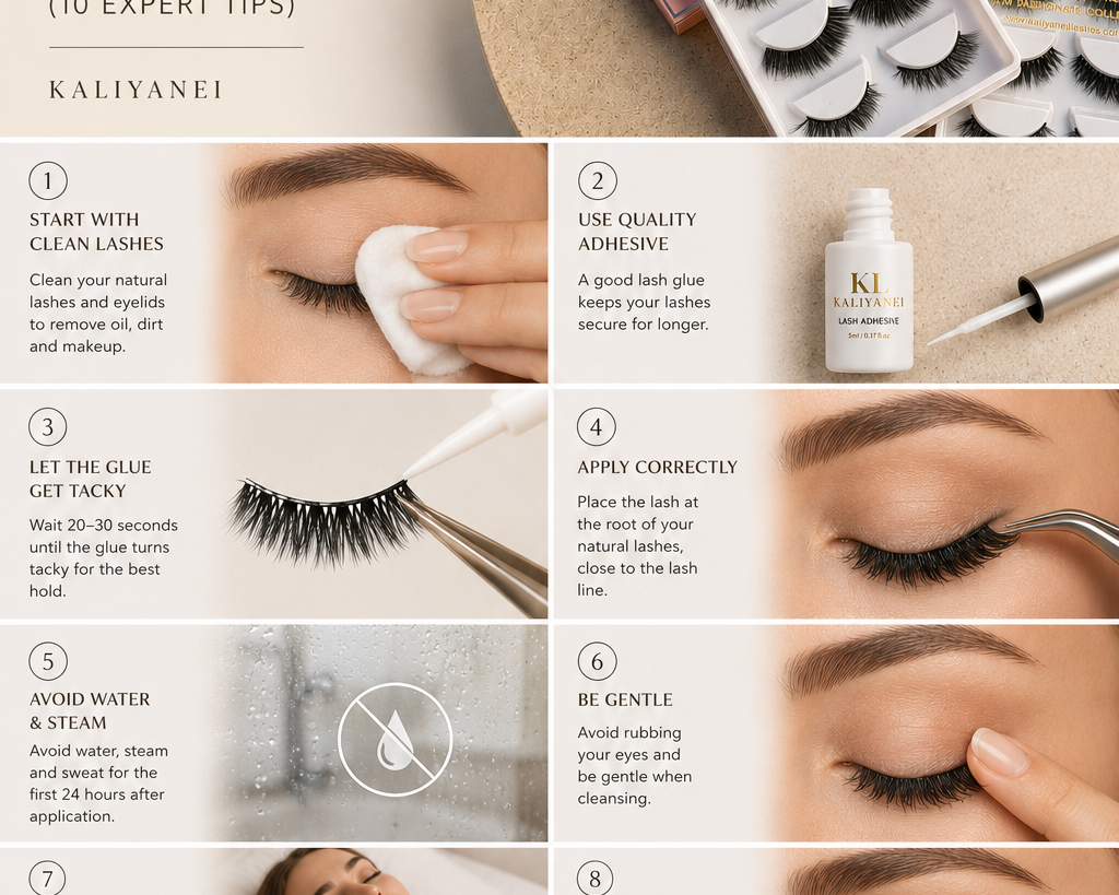 Step-by-step guide showing how to make false lashes last longer with expert tips using Kaliyanei reusable strip lashes.