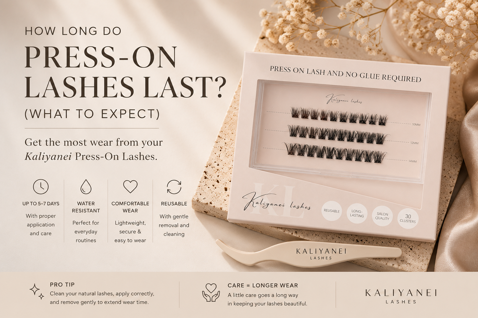 Kaliyanei press-on lash kit with pre-glued lash clusters displayed on a neutral beige background, illustrating how long press-on lashes last and what to expect from everyday wear.